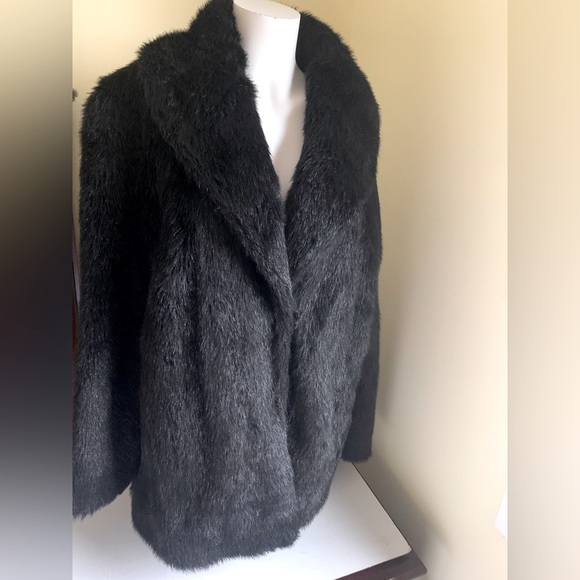 Black very good quality faux fur coat winter jacket midlength collared pockets L - Picture 1 of 10